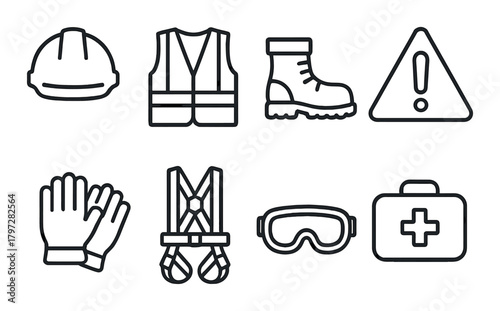 Safety equipment icons: helmet, vest, boots, gloves, harness, goggles, emergency kit