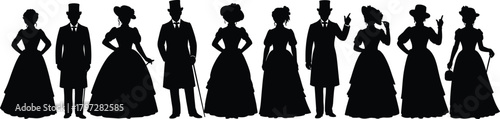Victorian silhouette vector set, black and white historical fashion icons, vintage male female figures, cultural costume design, retro graphic elements