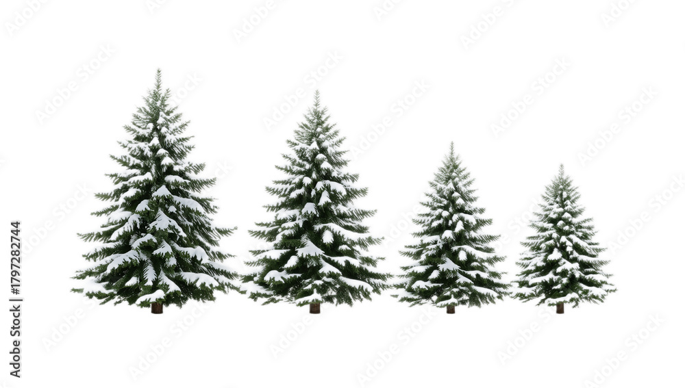 Obraz premium A set of four digitally illustrated evergreen fir trees in decreasing sizes, covered with realistic snow for a winter holiday theme, isolated on a white background