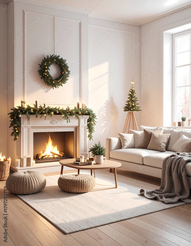 Fototapeta premium A cozy minimalist living room decorated for Christmas with a warm fireplace, glowing lights, a Christmas tree, and neatly wrapped gifts.