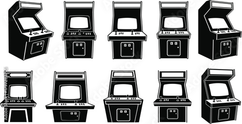 Vintage arcade machine vector set, retro gaming cabinet illustrations, black and white game console icons, joystick and button panel designs