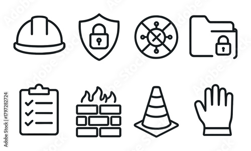 Safety and security icons: hard hat, shield, locked folder, firewall, traffic cone, glove