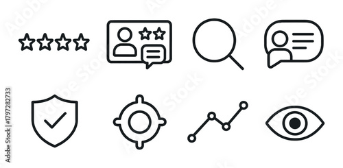 Review and analytics icons on black background