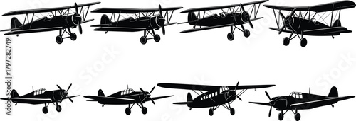 Vintage aircraft silhouette vector set, black and white aviation icons, biplane and monoplane designs, retro flight graphic, historical airplane elements