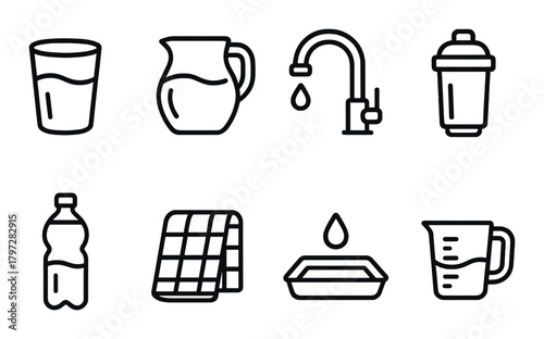 Icons of water-related items: glass, pitcher, faucet, filter, bottle, towel, drop, measuring cup