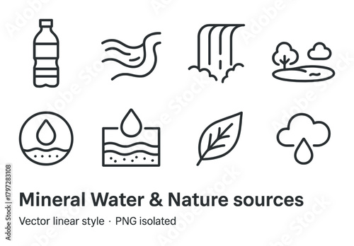 Outline icons of mineral water and nature elements including waterfall and leaf