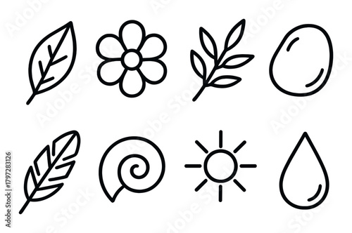 Minimalist nature icons: leaf flower branch egg feather shell sun drop