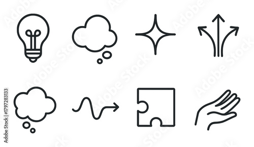 Icons illustrating abstract concepts: creativity, ideas, and solutions