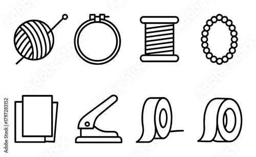 Crafting tools icons: yarn, embroidery hoop, thread, beads, paper, punch, tape