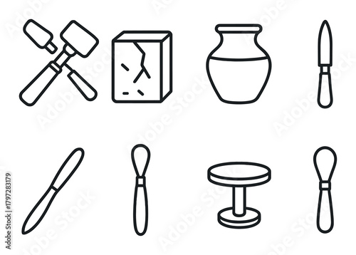 Blacksmith tools and pottery icons on black background
