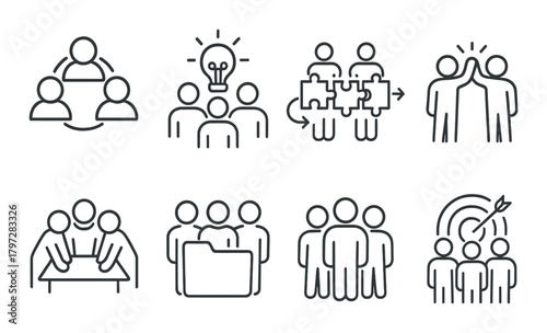 Simple black teamwork icons illustrating collaboration and problem solving