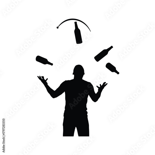 Black silhouette of a person juggling five bottles against a white background vector 1