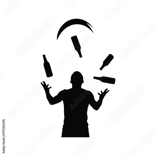 Black silhouette of a person juggling five bottles against a white background vector