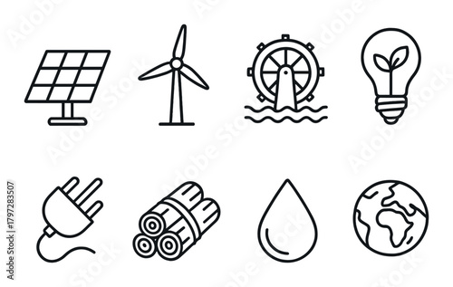 Eco-friendly technology icons featuring solar, wind, water, and renewable energy symbols