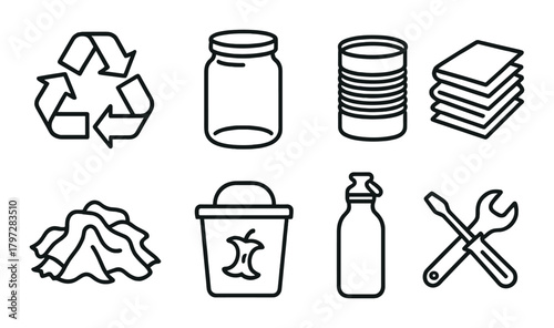 Recycle icons: glass jar, metal can, stack of paper, compost, water bottle, tools