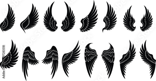 Wing silhouette vector set, black feather icons, angel and bird designs, editable clipart bundle, flight concept graphic, tattoo inspiration illustration