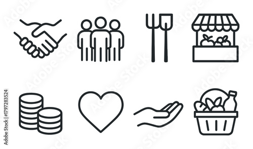 Monochrome icon set: agriculture, community, economy, and food concepts