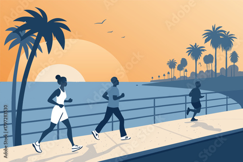 Dynamic sunrise jogs active people on a vibrant beachside promenade, golden light, clear sky, serene morning energy.