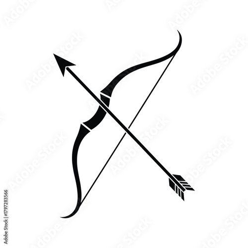 Black silhouette of a recurve bow and arrow on a white background archery weapon