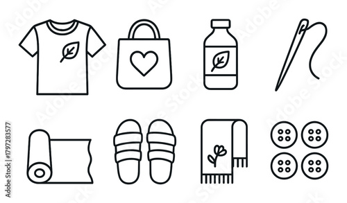 Eco-friendly icons of fashion, accessories, and crafts on black background