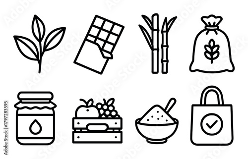 Organic food icons: chocolate, sugarcane, grains, jam jar, fruits, groceries