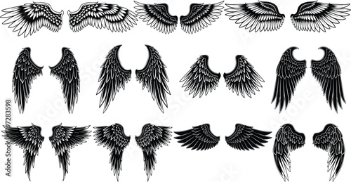 Wing silhouette vector set, black and white feather icons, fantasy flight designs, editable clipart bundle, angelic concept, decorative illustration