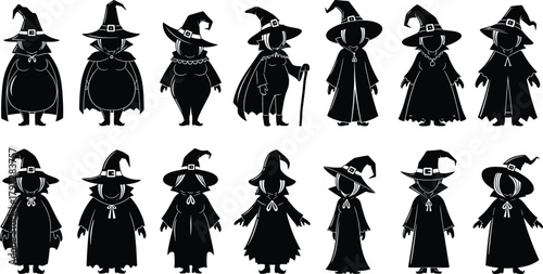 Witch silhouette vector set, black costume icons, pointed hat characters, magical female figures, fantasy illustration design, Halloween theme elements