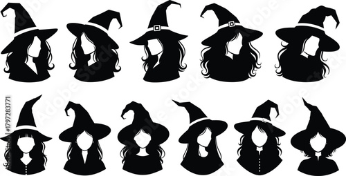 Witch hat female silhouette vector set, black costume icons, fantasy character designs, editable clipart bundle, Halloween concept, magical illustration