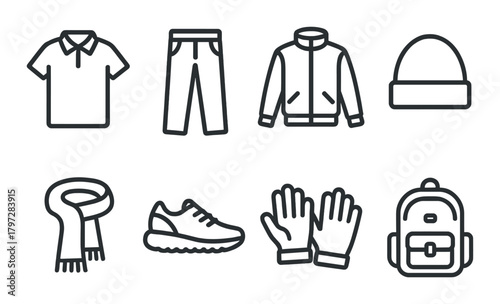 Outline icons of clothing and accessories on dark background