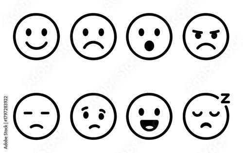 Array of eight circular emoji faces showing various emotions