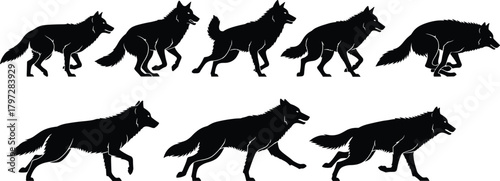 Wolf motion silhouette vector set, walking and running poses, black animal designs, editable clipart bundle, wildlife movement concept, animation reference graphic