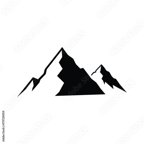 Black silhouette of jagged mountain peaks against a clean white background mountains