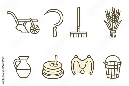 Vintage farming tools collection on golden background