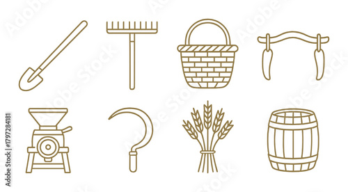Vintage farm tools icons on yellow background featuring shovel and basket