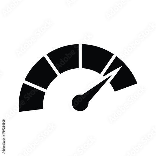Black speedometer gauge needle pointing to high speed on white dial measurement
