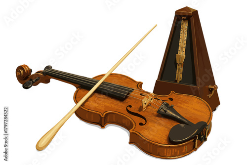 Classic wooden violin and bow resting next to a traditional metronome used for musical practice