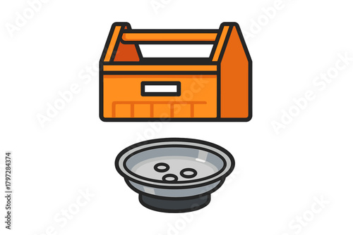 Orange portable toolbox and metal sink drain strainer set for home repair and plumbing maintenance