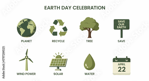 Earth Day celebration icons planet recycle symbol tree sign wind power solar panel water drop and calendar
