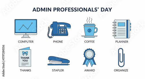 Eight blue and gray icons related to office work for Admin Professionals Day