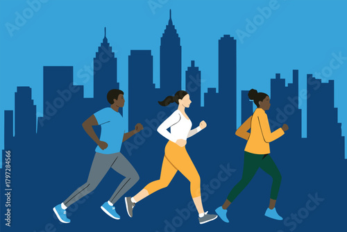 Energetic people jogging against a vibrant city skyline silhouette, morning light.