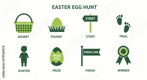 Eight green and lime icons detailing elements of an Easter egg hunt