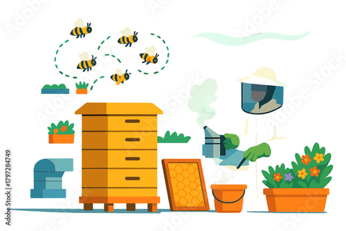 Beekeeper tending to a large yellow beehive with flying honey bees and apiary equipment