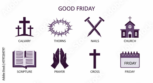 Good Friday icons including crosses thorns nails church book prayer and calendar