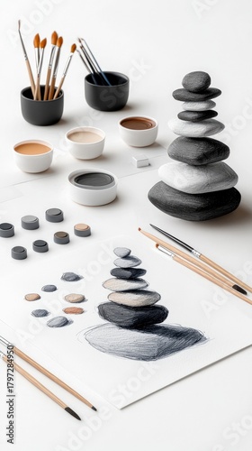 A still life composition featuring a stack of balanced stones, art supplies including paint pots and brushes, and a sketch of stones.