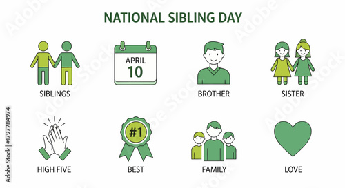 Green and lime icons illustrating National Sibling Day elements on a white background