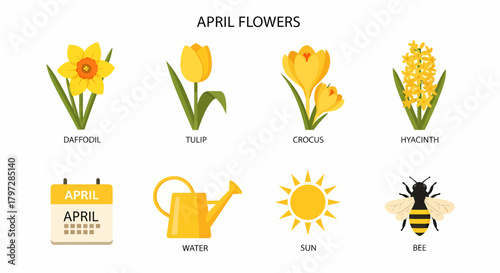Illustration featuring four yellow spring flowers a calendar watering can sun and bee
