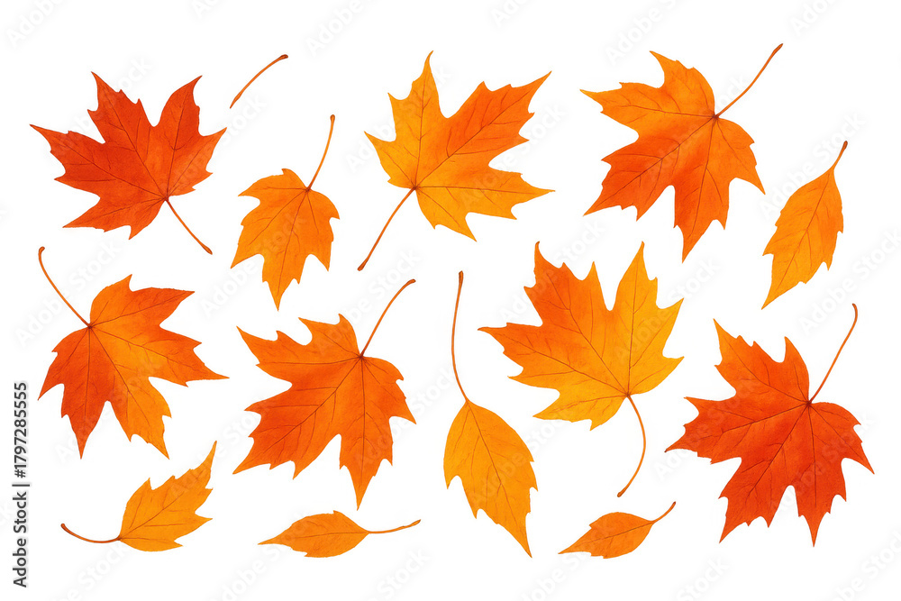Fototapeta premium Falling autumn maple leaves with vibrant seasonal colors creating a natural design on transparent background