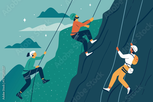 Adventurous climbers ascend sheer rock faces, utilizing secure ropes and harnesses for a thrilling outdoor rock climbing sport.