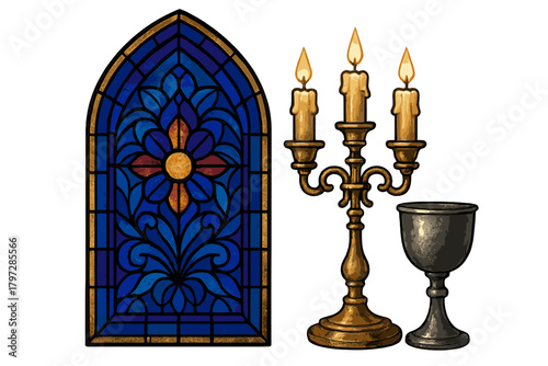 Ornate stained glass window, antique candelabra with lit candles, and vintage metal chalice