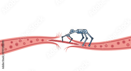 Medical nanobot repairing damaged blood vessel, futuristic healthcare concept, advanced technology healing, innovative treatment, breakthrough medicine, nano surgery
